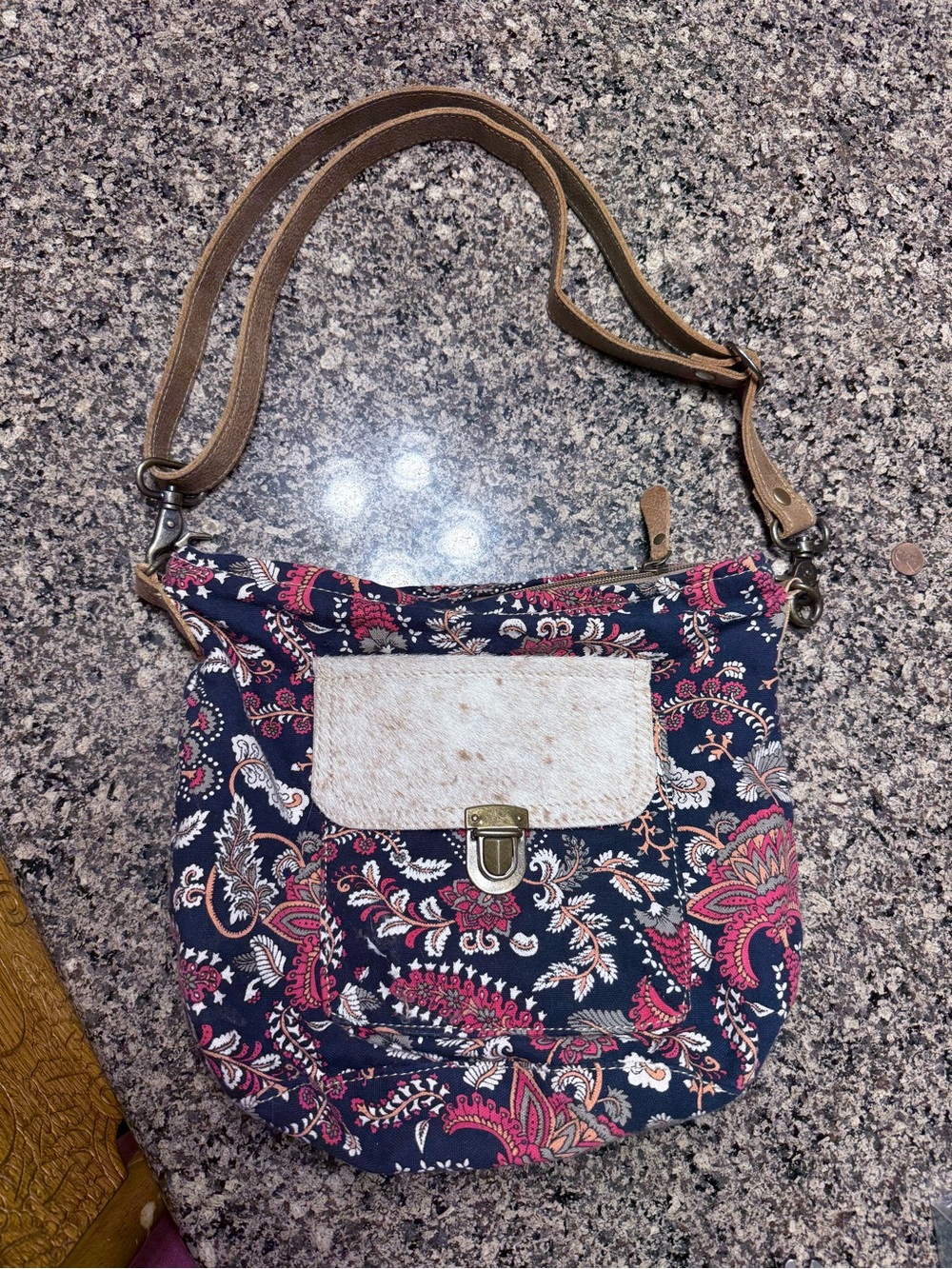 Myra Bag Navy Paisley Crossbody with Tan Flap